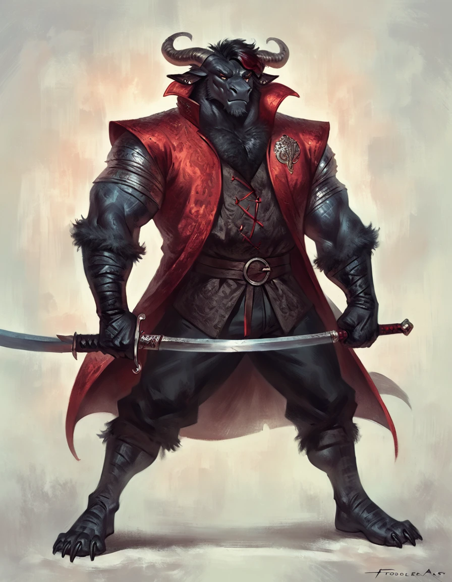 too Average sized, Anthropomorphic dragon his physique is achieved through a meticulous distribution of muscle and fat that creates a bulky body. He is fully and elegantly clothled.Black scales. Black fur. Black Hair. Skin is a rich, deep black, with a subtle shimmer. His eyes are a piercing shade of Imperial red, framed by thick eyebrows. His attire, a black gambeson padded overcoat fabric vest with short sleeves, and with striking red salmon accents and intricate silver metal ornaments, is both functional and symbolic. The gambeson, a padded garment, The silver metal ornaments. Fur is predominantly black with salmon red-colored highlights. His  hair is kept at a moderate length. Wielding a slashing sword in a rapier-like's hilt. Rapier aggressive stance. His predominant color is black and he got imperial red details. Anthro Artist Taran Fiddler art Style, epic character, olhos detalhados, Olhos lindos, escalas detalhadas.