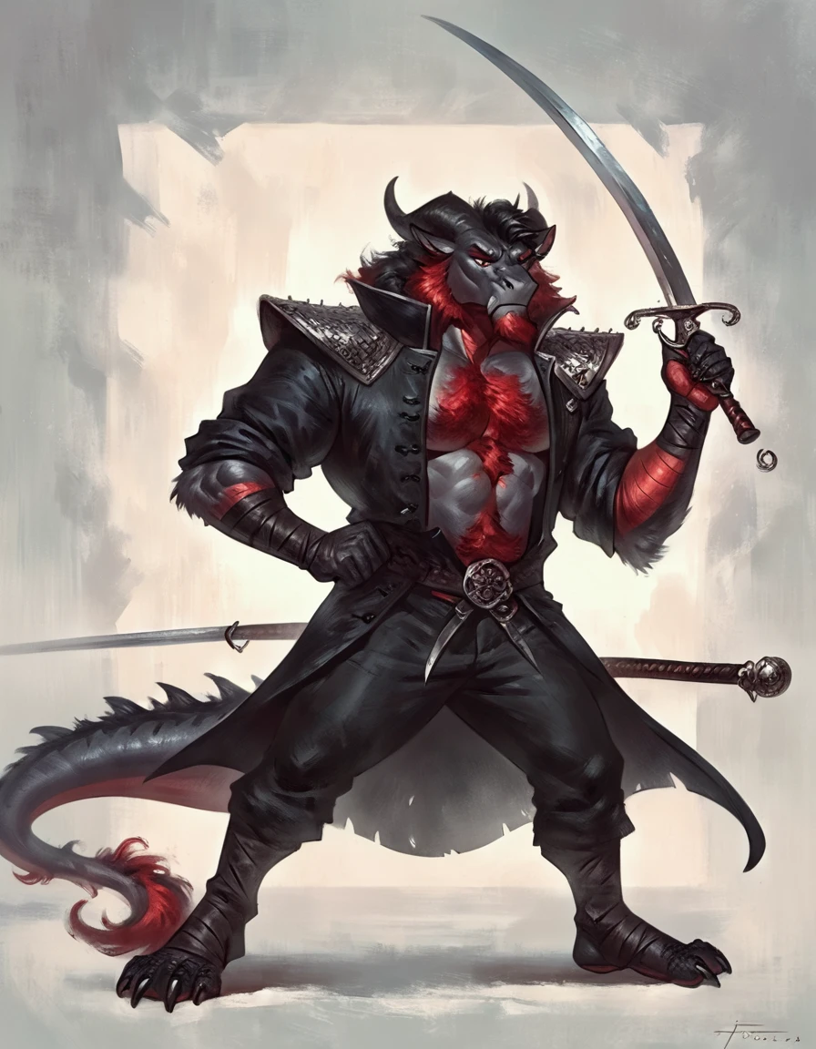 too Average sized, Anthropomorphic dragon his physique is achieved through a meticulous distribution of muscle and fat that creates a bulky body. He is fully and elegantly clothled.Black scales. Black fur. Black Hair. Skin is a rich, deep black, with a subtle shimmer. His eyes are a piercing shade of Imperial red, framed by thick eyebrows. His attire, a black gambeson padded overcoat fabric vest with short sleeves, and with striking red salmon accents and intricate silver metal ornaments, is both functional and symbolic. The gambeson, a padded garment, The silver metal ornaments. Fur is predominantly black with salmon red-colored highlights. His chest hair is kept at a moderate length. Wielding a slashing sword in a rapier-like's hilt. Rapier aggressive stance. His predominant color is black and he got imperial red details. Anthro Artist Taran Fiddler art Style, epic character, olhos detalhados, Olhos lindos, escalas detalhadas.
