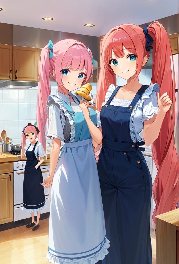 ((masterpiece))、((Highest quality)、(Very detailed)、8K、Delicate anime-style depictions.2 women。Prepare breakfast with your family,,(Very long hair、pink、black、Bright Blue Eyes、)(Twin tails and ponytails)Her dark eyes are highlighted。Overall it became brighter、Two smiling people。((The outfit is grey,Frills,Lace camisole and ミニスカート.))、,((Summer kitchen))、((wonderful.))、((whole body))、Two people cooking side by side、((Rear View))