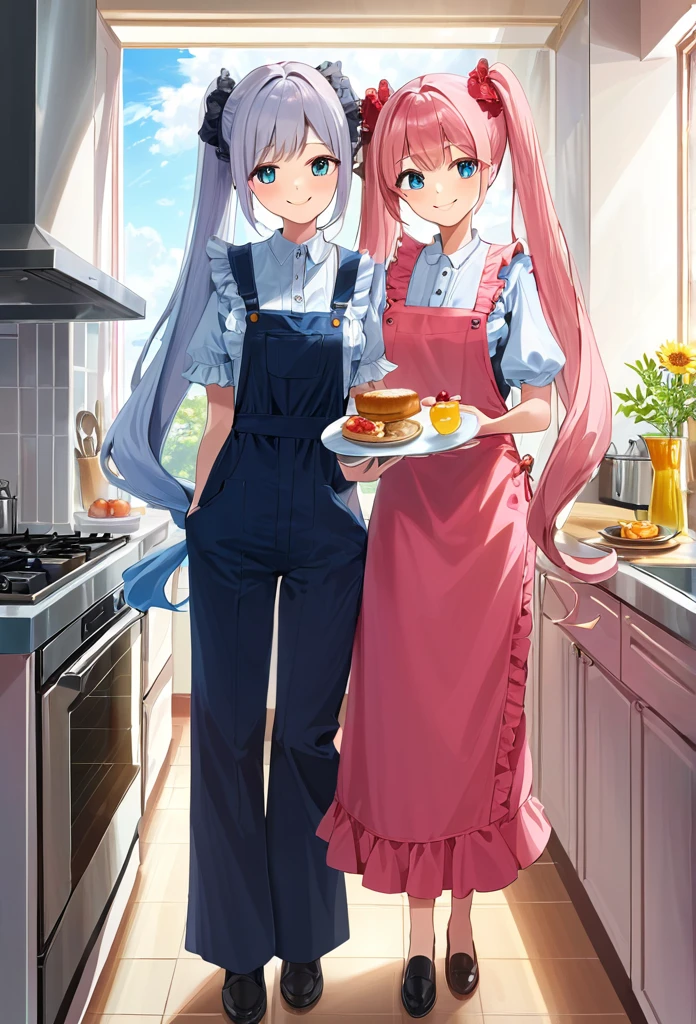 ((masterpiece))、((Highest quality)、(Very detailed)、8K、Delicate anime-style depictions.2 women。Prepare breakfast with your family,,(Very long hair、pink、black、Bright Blue Eyes、)(Twin tails and ponytails)Her dark eyes are highlighted。Overall it became brighter、Two smiling people。((The outfit is grey,Frills,Lace camisole and ミニスカート.))、,((Summer kitchen))、((wonderful.))、((whole body))、Two people cooking side by side、((Rear View))