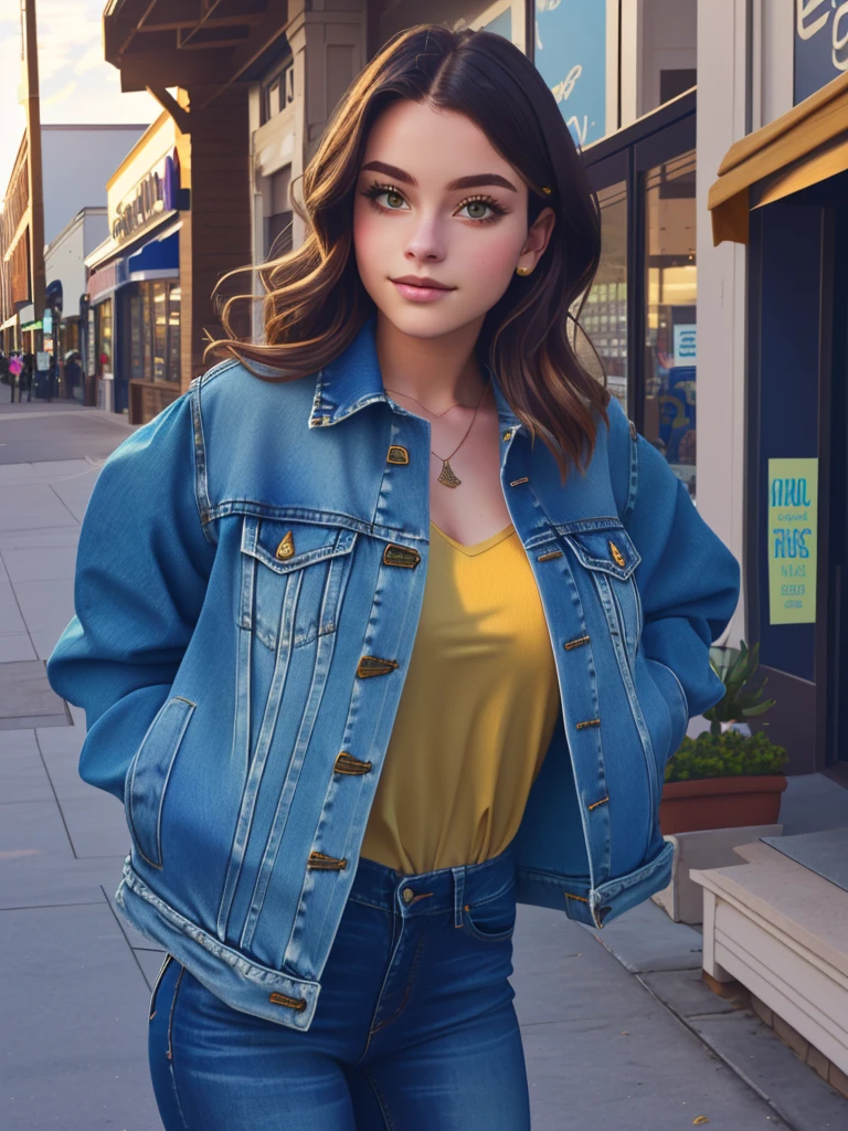 araffed woman in a thorn see teough yellow shirt and blue jean jacket standing in front of a store, jean jacket, wearing a jeans jackets, wearing denim, with hands in pockets lowering pants below hips, sexy, wearing double denim, wearing jacket, denim jacket, wearing blue jacket, blue jacket, double denim, mid 2 0's female, wearing a blue jacket, around 1 9 years old, Large breasts,