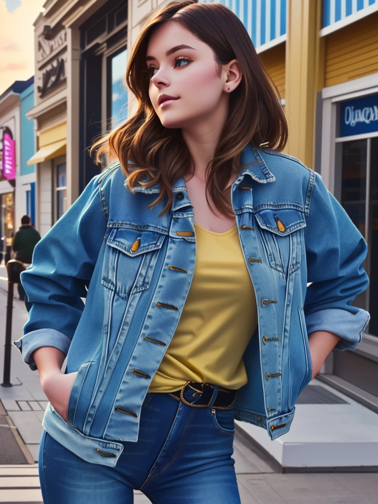 araffed woman in a thorn see teough yellow shirt and blue jean jacket standing in front of a store, jean jacket, wearing a jeans jackets, wearing denim, with hands in pockets lowering pants below hips, sexy, wearing double denim, wearing jacket, denim jacket, wearing blue jacket, blue jacket, double denim, mid 2 0's female, wearing a blue jacket, around 1 , Large breasts,
