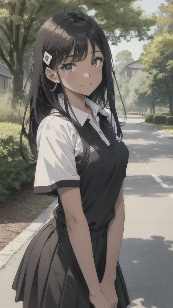 ((best quality)), ((masterpiece)), (details), one girl, sexy ((best quality)), ((masterpiece)), (details), one girl, sexy ((best quality)), ((masterpiece)), (details), one girl, full body, sexy expensive body, expensive, long legs, mature woman, mature, adult, it_nagatoro_main, Hayase Nagatoro, one girl, blushing, alone, uniform polo shirt, short sleeves, black hair,brown eyes, hair accessory, looking at viewer, hair clip, smiling, long hair, dark skinned woman, dark skin, , bangs, daytime, skirt, collared shirt, collarbone, ear clip, mouth closed, tree, asymmetrical bangs, upper body