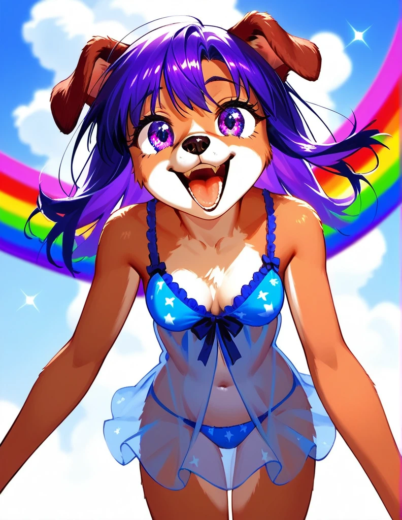 score_9,score_8_up,score_7_up, source_cartoon, source_furry,  dog, Labrador, a cute Anthro furry canine girl, tall body, hourglass figure, adult female, yello eyes, strong purple hair, rainbow, bedroom, pov, sultry, looking amazed, eyes sparkling, at a colorful parade, rainbow parade, outdoors, looking up, laughing, tight clothes, nightie.