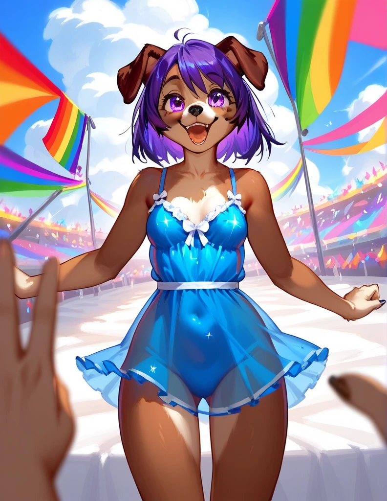 score_9,score_8_up,score_7_up, source_cartoon, source_furry,  dog, Labrador, a cute Anthro furry canine girl, tall body, hourglass figure, adult female, yello eyes, strong purple hair, rainbow, bedroom, pov, sultry, looking amazed, eyes sparkling, at a colorful parade, rainbow parade, outdoors, looking up, laughing, tight clothes, nightie.