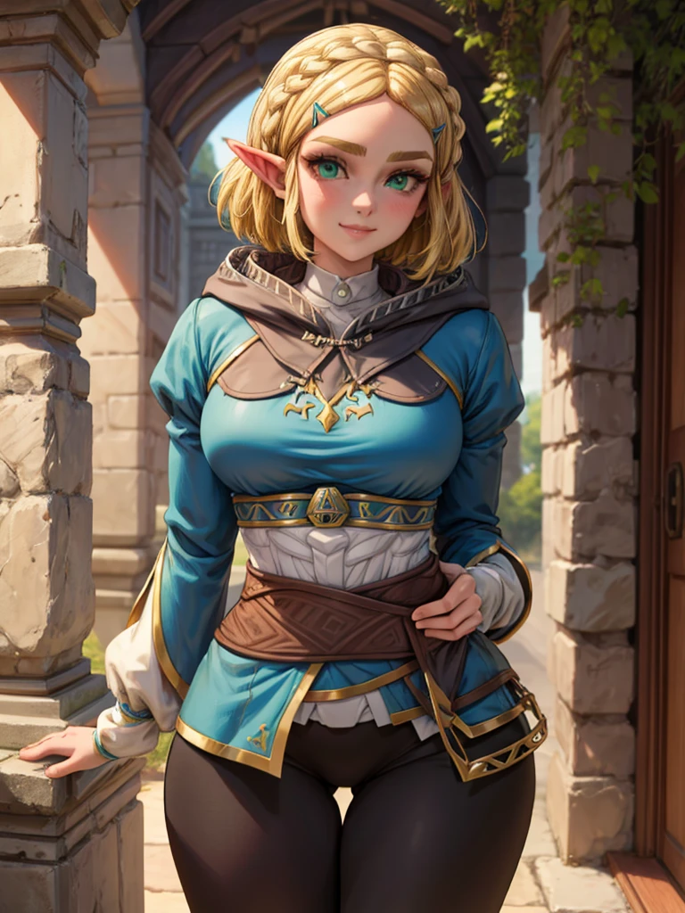 jambes grasses, gros seins, sourire, (extremely fine and beautiful:1.1), (perfect details:1.1), (finely detailed eyes and detailed face:1.3), Princess Zelda, narrow hips, slender thighs, small ears, pointy ears, braid, hair ornament, hairclip, gloves, fingerless gloves, blue shirt, shirt, long sleeves, crown braid, bangs, pants, black gloves, green eyes, parted bangs, black pants, blonde hair, short hair, long hair, cape, sidelocks, hood, thick eyebrows, jewelry, hooded cape, belt, tight pants, tight, puffy sleeves,