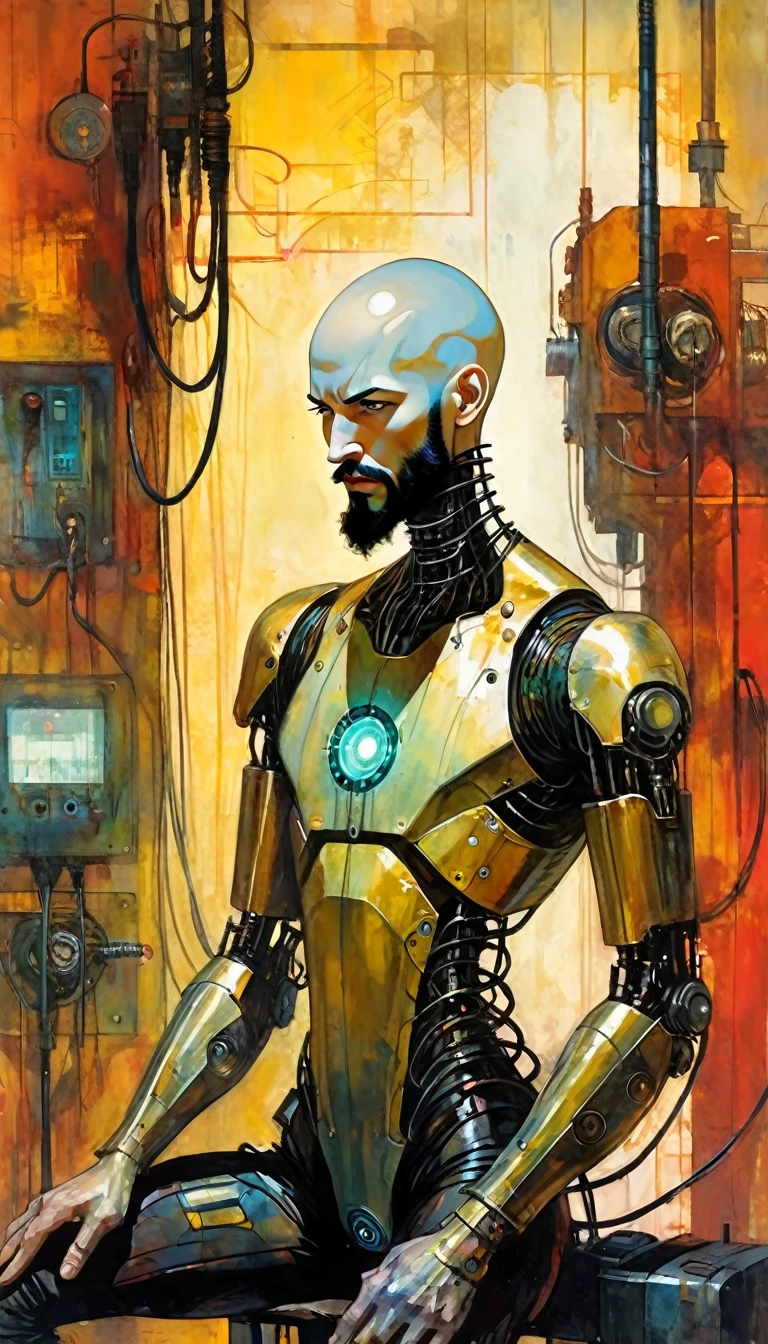 bald young man with black beard and very thin, cyborg body, plugged into machinery, recharging, (art inspired by Bill Sienkiewicz). oil painting)