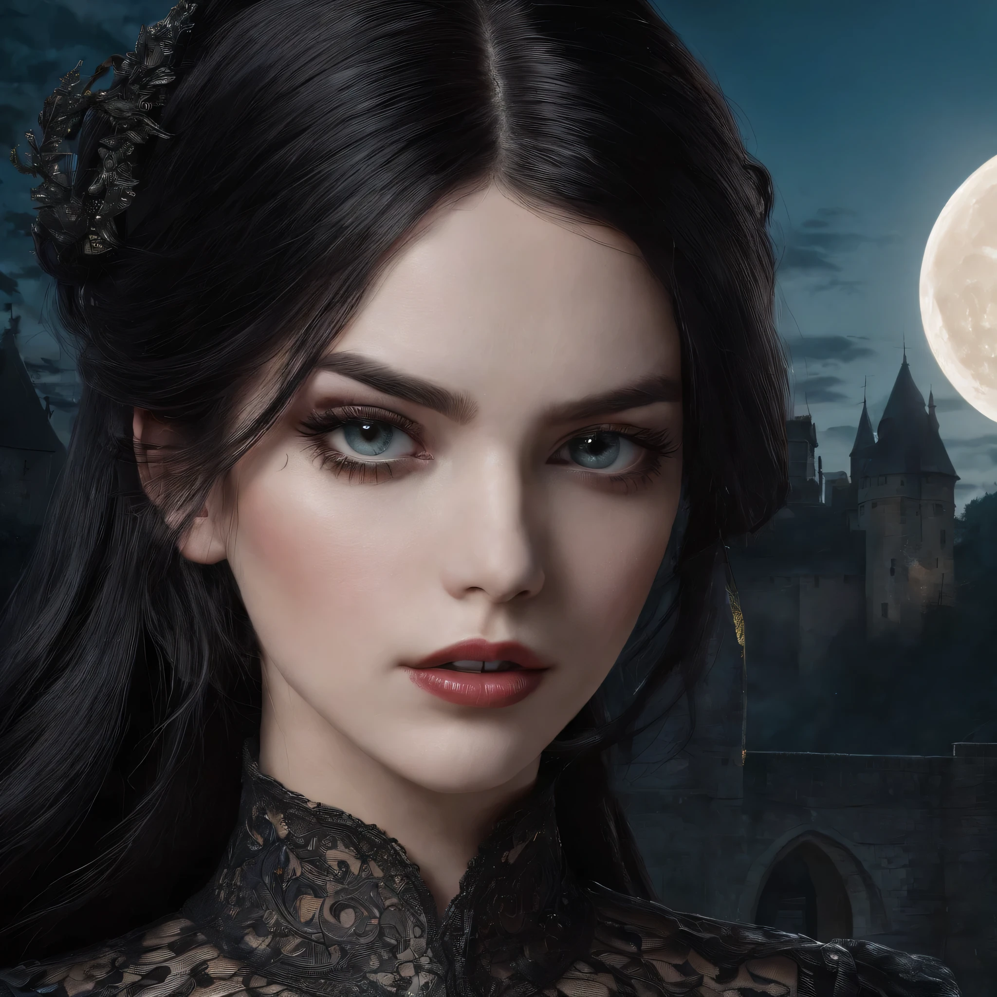 1 girl, long black hair, beautiful detailed eyes, beautiful detailed lips, extremely detailed face, long eyelashes, walking in a castle garden, full moon night, gothic architecture, overgrown vines, moonlight, dramatic lighting, cinematic, highly detailed, intricate, photorealistic, 8k, best quality, masterpiece.