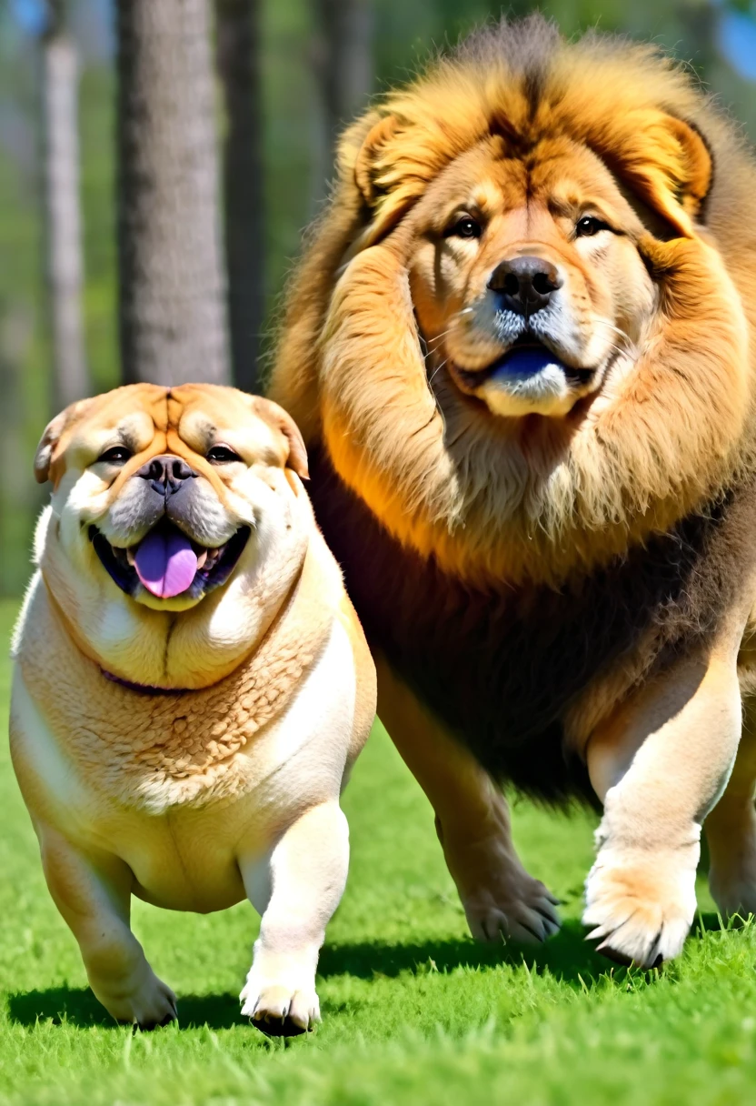 Very fat dog have fun with fat lion