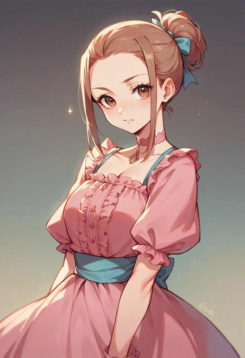 A girl with tied hair and brown eyes wearing a flirty pink dress.