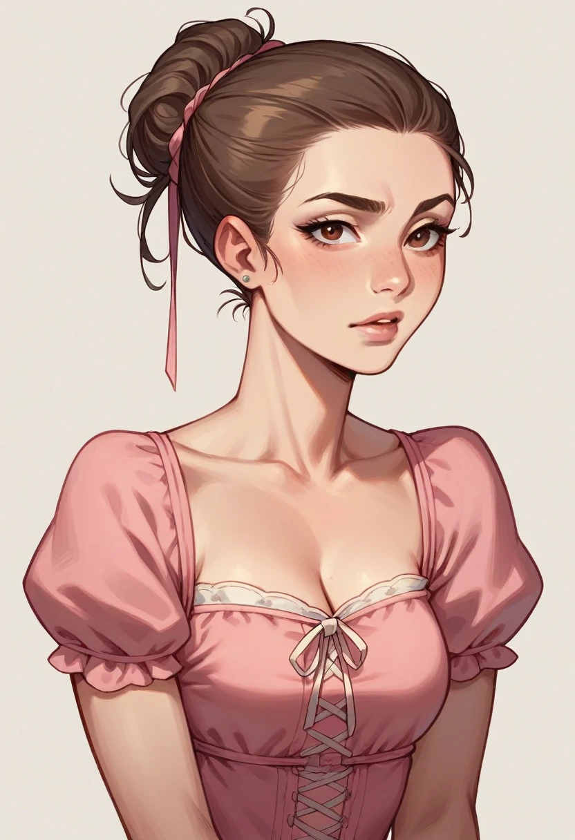 A girl with tied hair and brown eyes wearing a flirty pink dress. 