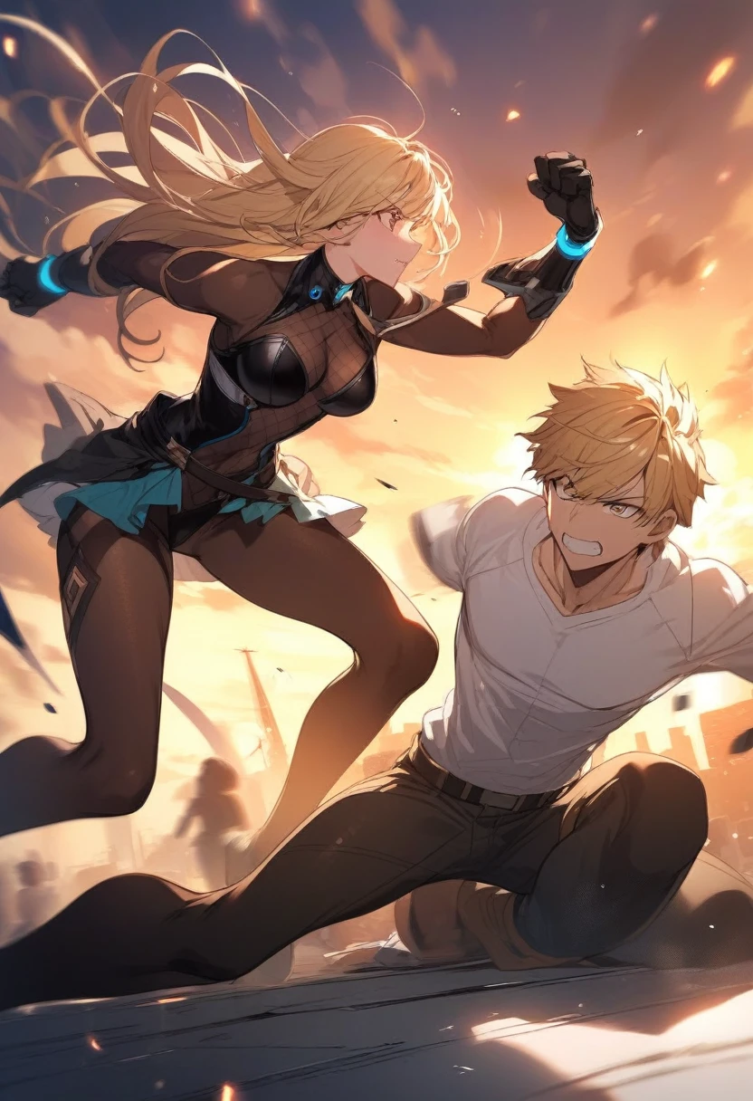 Blond girl bodystocking fight boy