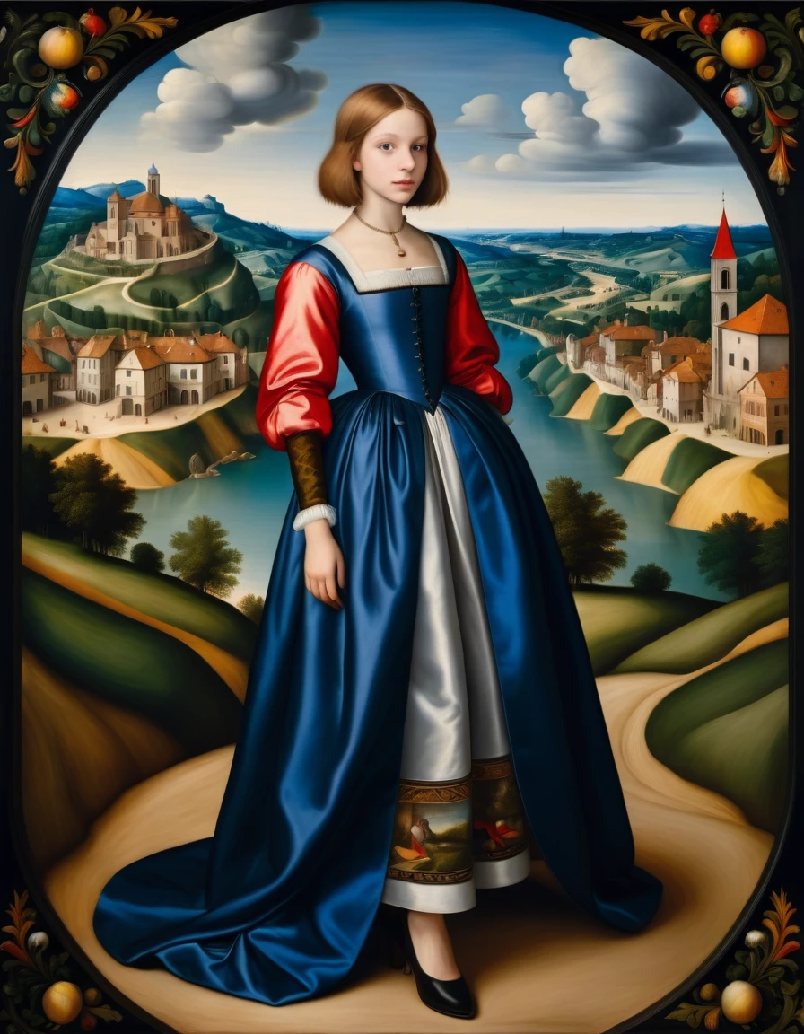 [[full-length view: young attractive girl ((style Andrea-del-Sarto))]/[background: (amazing Renaissance landscape based on Pieter Brueghel the Elder) (masterpiece)], oil painting, extreme detail, intricate, unusual, ((best quality))]