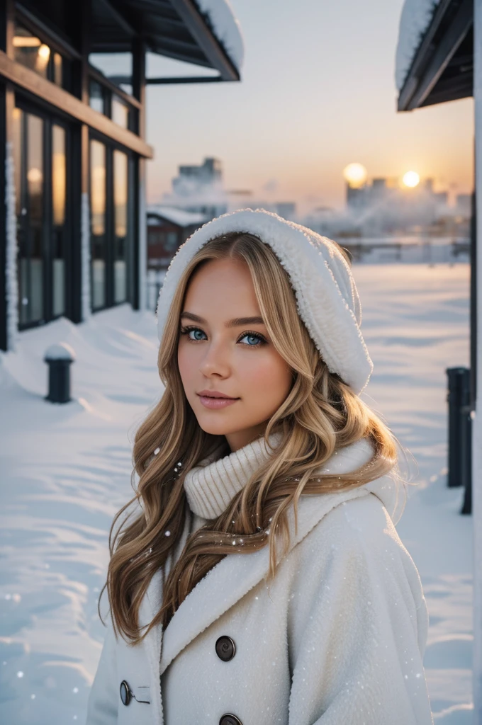proFessional portrait photograph oF a gorgeous Norwegian girl in winter clothing with long wavy blonde hair, sultry Flirty look, gorgeous symmetrical Face, Cute natural makeup, wearing elegant warm winter Fashion clothing, ((Stand outside the snow-capped city streets)), Stunning modern city environment, Surreal, Concept Art, elegant, Very detailed, complex, sharp Focus, depth oF Field, F/1. 8, 85 mm, Mid-shot拍摄, Mid-shot, (((proFessionally color graded))), bright soFt diFFused light, (Volumetric fog), Trending topics on Instagram, hdr 4k, 8K