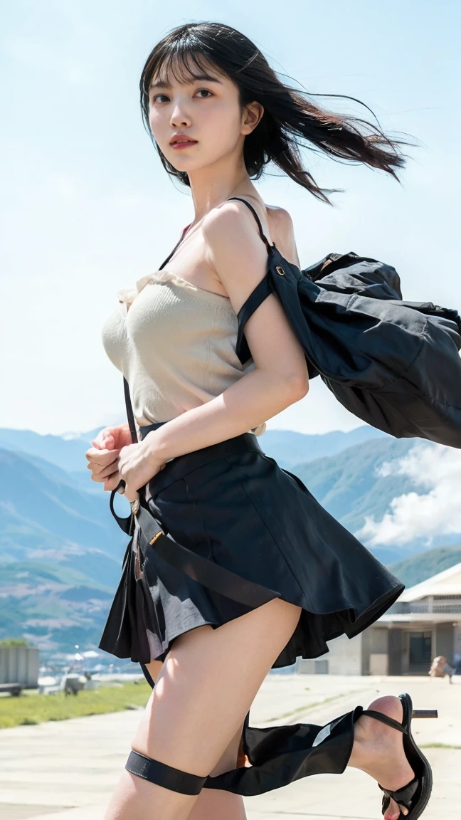 (((Big Breasts:1.52)))、((Viewing angle from below、Highest quality、masterpiece、32k、Every detail))、Descend the outdoor stairs、commute、Systemic symptoms、Very loose camisole、Pleated skirt、(((A strong wind blows my hair and skirt away:1.62)))、((Shoulder strap can be worn diagonally:1.83))((Extremely precise and accurate anatomy:1.0)), (photo Realistic:1.4), (hyper Realistic:1.4), (Highest qualityのRealisticな肌の質感:1.4), (Improvement of quality:1.4), (Enhances the beauty of skin texture:1.1), Clean and glowing skin, mesh, thin:1.2, (Realistic:1.3), Realisticなライティング, (Smoother lighting:1.05), (Improving the quality of cinema lighting:0.9), Backlight, A gentle light on your face, Ray Tracing, (Bright light:1.2), 32k, One Japanese woman, fine grain, Detailed face, (Film Grain:1.1),(Accentuates body lines:1.1), High resolution, Natural look, Kind eyes, Improves hair quality, Delicate light and shadow, 、One Girl, alone、(((mini skirt, No underwear:1.22)))、Big Breasts、barefoot, High heels