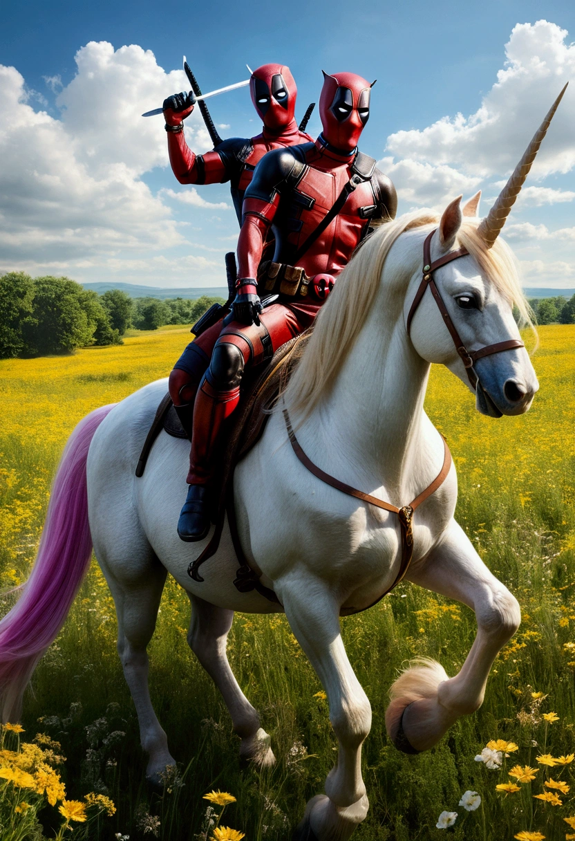 Masterpiece, of the highest quality, approaching perfection, (high detail:1.1), dramatic, Deadpool and Wolverine riding a unicorn together, one after another. the unicorn trotting through a meadow, carrying the characters on his mount, comic style.