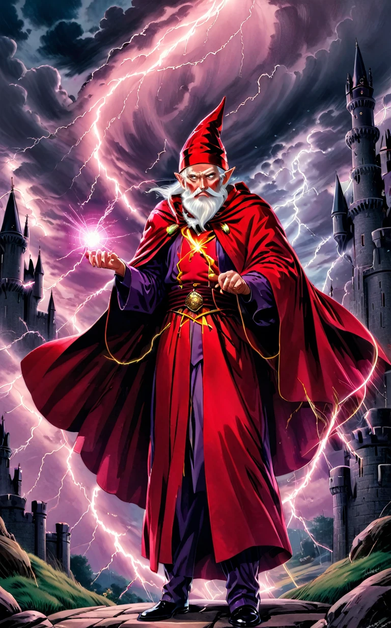 A stunning 1950s comic book-inspired lithograph illustration featuring a powerful red-robed wizard controlling lightning. The wizard stands confidently, with a fierce expression and a long white beard, in front of an imposing castle. The sky is filled with dark clouds and lightning bolts, reflecting the wizard's control over the elements. The castle, with its tall towers and intricate details, stands proudly in the background, illuminated by a soft, ethereal glow.