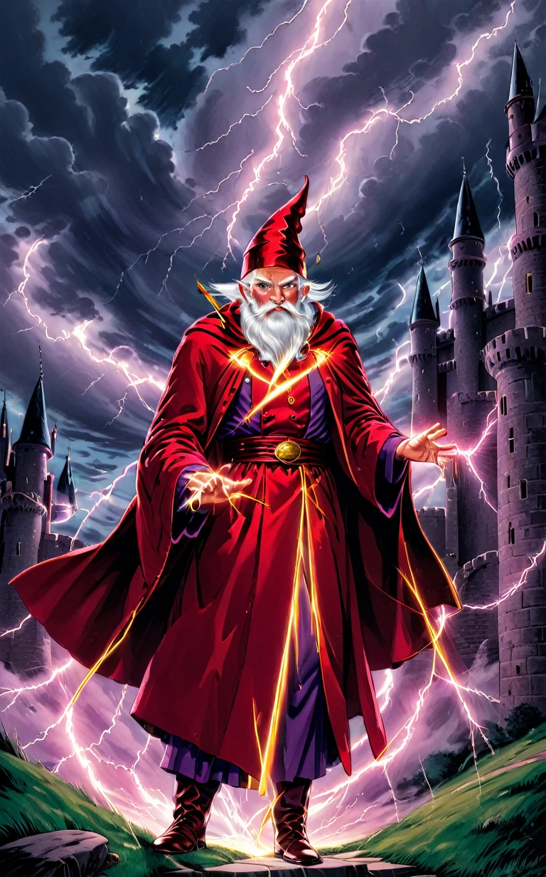 A stunning 1950s comic book-inspired lithograph illustration featuring a powerful red-robed wizard controlling lightning. The wizard stands confidently, with a fierce expression and a long white beard, in front of an imposing castle. The sky is filled with dark clouds and lightning bolts, reflecting the wizard's control over the elements. The castle, with its tall towers and intricate details, stands proudly in the background, illuminated by a soft, ethereal glow.