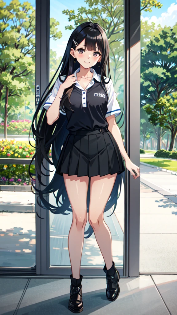 ((best quality)), ((masterpiece)), (details), one girl, sexy ((best quality)), ((masterpiece)), (details), one girl, sexy ((best quality)), ((masterpiece)), (details), one girl, full body, sexy expensive body, expensive, long legs, mature woman, mature, adult, it_nagatoro_main, Hayase Nagatoro, one girl, blushing, alone, uniform polo shirt, short sleeves, black hair,brown eyes, hair accessory, looking at viewer, hair clip, smiling, long hair, dark skinned woman, dark skin, , bangs, daytime, skirt, collared shirt, collarbone, ear clip, mouth closed, tree, asymmetrical bangs, upper body