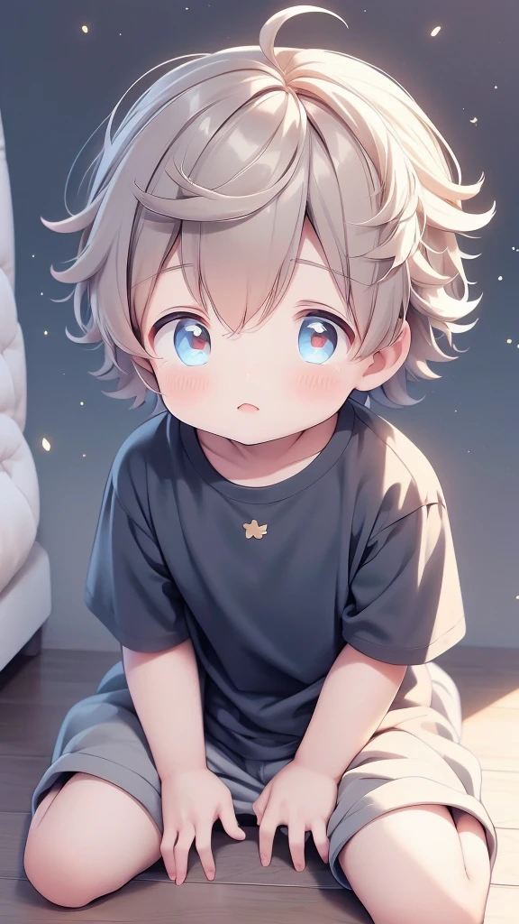 boy sitting on the floor with a box, 🍁 fluffly, high-quality, estilo de arte fluffly, seasons!!: 🌸 ☀ 🍂 ❄, , he has straight brown hair , anime fluffly, inspired by Kun Can, fluffly de desenho animado, in anime style, manhwa, muito fluffly e , boy He has straight hair