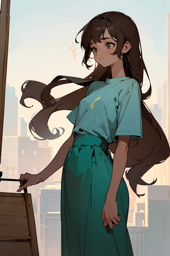 (masterpiece, best quality) detailed, 1Character, closeup, blue archive art style, pastel washed out colors, cell shade, soft, muted shades, gentle colors, urban environment, big city, teal top, long skirt, often splattered with paint, cute girl, short height, 5'2", brown hair, very long hair, curly hair, hazel eyes that sparkle with creativity, tanned skin, skinny, delicate, feminine, age 16, high schooler, painter