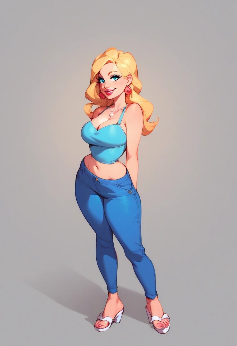 rose, 1girl, solo, long hair, smile, blonde hair, large breasts, simple background, jewelry, standing, full body, earrings, pants, cyan eyes, makeup, sandals, blue pants, cyan tank top, silver star necklace with pink circle, pink upper lip, lipstick, yellow eyelids, yellow, eyebrows, silver earrings, white sandals