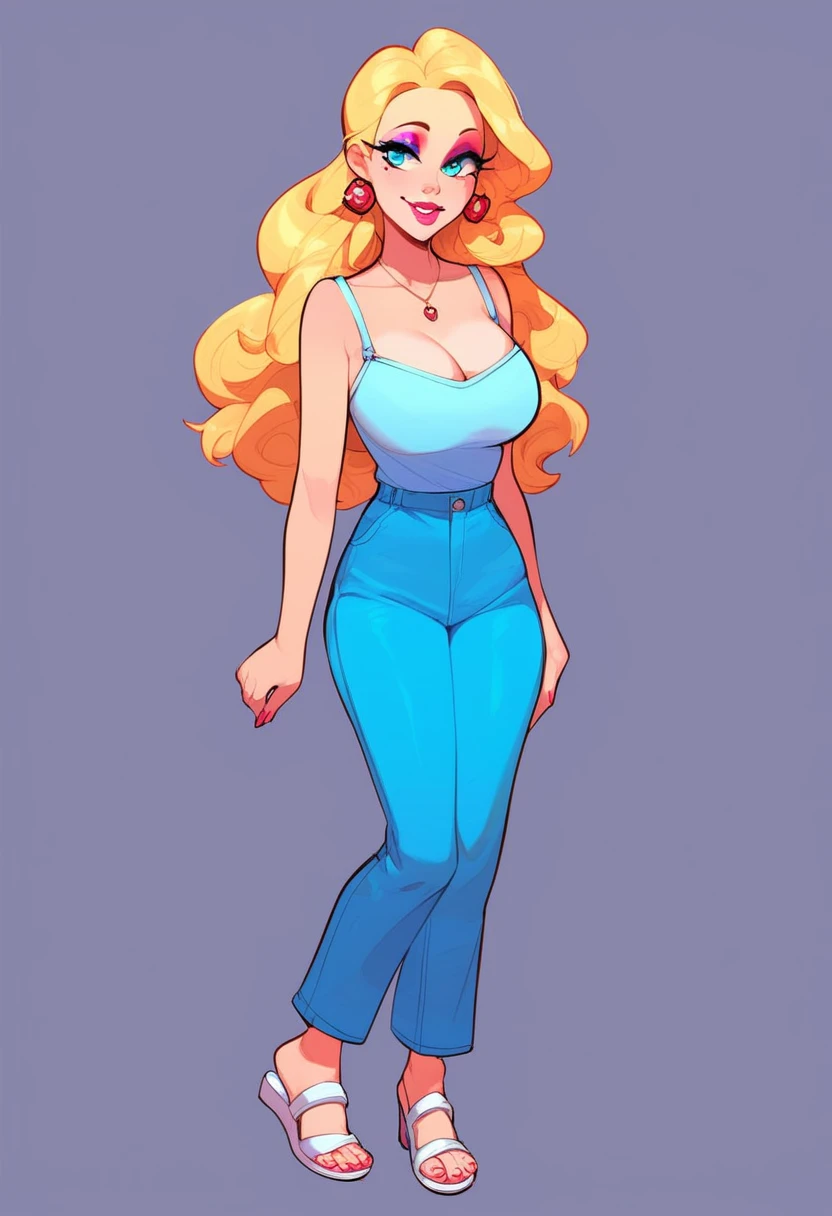 rose, 1girl, solo, long hair, smile, blonde hair, large breasts, simple background, jewelry, standing, full body, earrings, pants, cyan eyes, makeup, sandals, blue pants, cyan tank top, silver star necklace with pink circle, pink upper lip, lipstick, yellow eyelids, yellow, eyebrows, silver earrings, white sandals