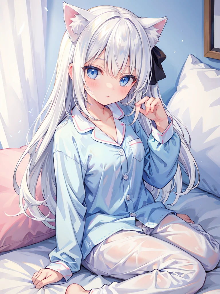 White hair, light blue eyes, cat ears, half-up, pajamas