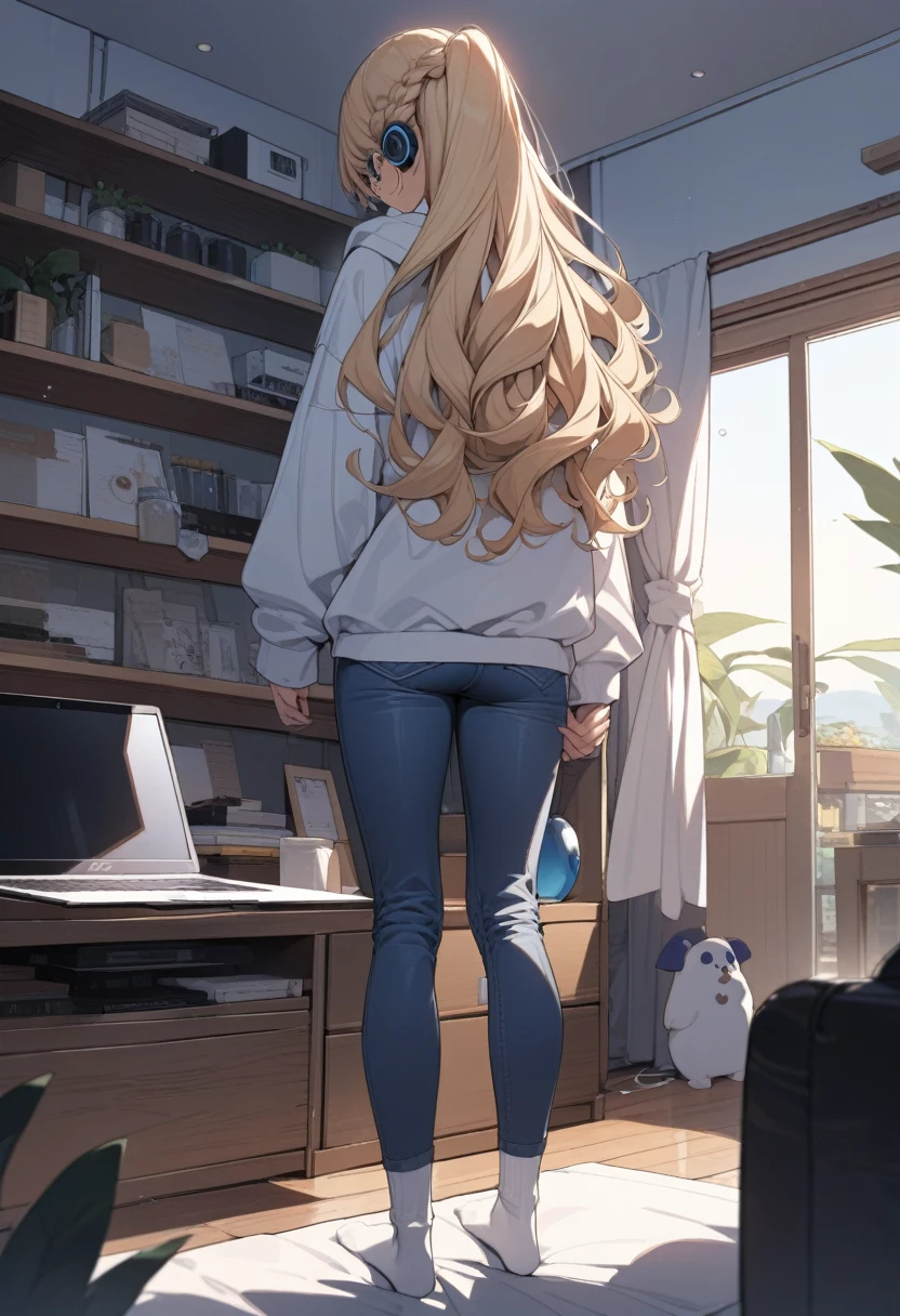 masterpiece, best quality, extremely detailed, ultra detailed, flat anime, 2D,
1girl, (young adult:1.2),blonde hair, (semi-long hair:1.2), curly hair, french braid, medium breasts, tsurime, height 1.7meters,
white hooded sweatshirt, jeans, earring,bracelet, long sleeves, ((Bluetooth small earphone)),socks,
Back view of a laptop computer,Operating a laptop computer,
from behind, full body,
summer, livingroom, 12AM., standing