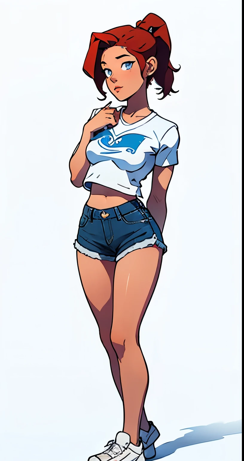 Fmasterpiece, best quality, full body,1girl,the highest image quality, 21-year-old woman, looks like Olivia Dunne, bright red hair in a pony tail, blue eyes, wearing a white graphic tee and denim shorts, large breasts, White background, empty background whole body , standing normally