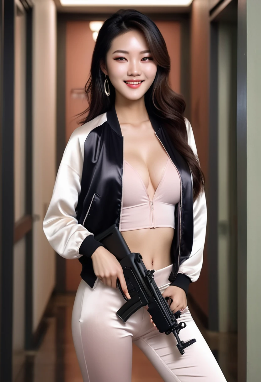 Half body photo, 1 beautiful Asian girl; coy smile, two tone black and white satin bomber jacket with white sleeves; holding a full size MP5 gun in in her hands, m16 rifle black satin pants,, long hair,wearing jewelry, natural makeup, extremely detailed eyes and face, lovely smile, delicate blush, sensuous lips, intricate facial details, perfect skin, flawless skin texture perfect, ; standing in a long hallway with many doors, evening lighting, vivid colors, , subtle , dreamy, luxurious atmosphere, low lighting; Super high quality, surreal, 8K, high resolution, masterpiece, detailed, extremely magical, professional cinematic lighting, , vibrant colors; Fine brushstrokes,ethereal vibe,mesmerizing gaze,dreamy atmosphere,blending elegance,subtle color gradients,,understated beauty. In the background several men lay unconscious on the hallway floor