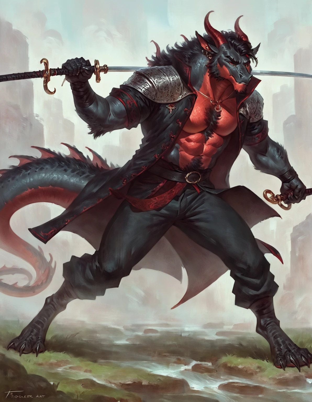 too Average sized, Anthropomorphic dragon his physique is achieved through a meticulous distribution of muscle and fat that creates a bulky body. He is fully and elegantly clothled.Black scales. Black fur. Black Hair. Skin is a rich, deep black, with a subtle shimmer. His eyes are a piercing shade of Imperial red, framed by thick eyebrows. His attire, a black gambeson padded overcoat fabric vest with short sleeves, and with striking red salmon accents and intricate silver metal ornaments, is both functional and symbolic. The gambeson, a padded garment, The silver metal ornaments. Fur is predominantly black with salmon red-colored highlights. His chest hair is kept at a moderate length. Wielding a slashing sword in a rapier-like's hilt. Rapier aggressive stance. His predominant color is black and he got imperial red details. Anthro Artist Taran Fiddler art Style, epic character, olhos detalhados, Olhos lindos, escalas detalhadas.