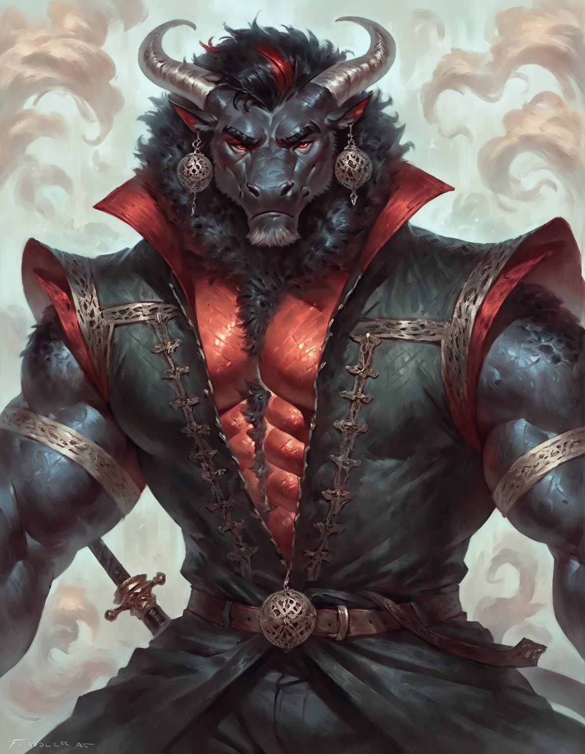 too Average sized, Anthropomorphic dragon his physique is achieved through a meticulous distribution of muscle and fat that creates a bulky body. He is fully and elegantly clothled.Black scales. Black fur. Black Hair. Skin is a rich, deep black, with a subtle shimmer. His eyes are a piercing shade of Imperial red, framed by thick eyebrows. His attire, a black gambeson padded overcoat fabric vest with short sleeves, and with striking red salmon accents and intricate silver metal ornaments, is both functional and symbolic. The gambeson, a padded garment, The silver metal ornaments. Fur is predominantly black with salmon red-colored highlights. His chest hair is kept at a moderate length. Wielding a slashing sword in a rapier-like's hilt. Rapier aggressive stance. His predominant color is black and he got imperial red details. Anthro Artist Taran Fiddler art Style, epic character, olhos detalhados, Olhos lindos, escalas detalhadas.