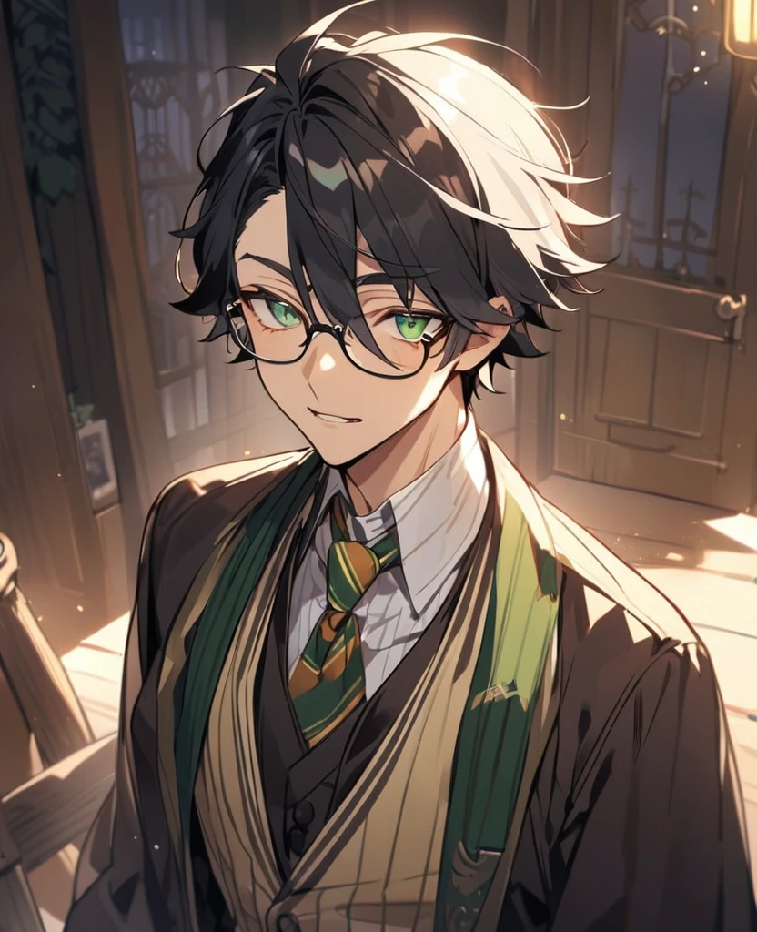 Male,5'8,glasses,light skin,green eyes,messy black hair,hogwards uniform