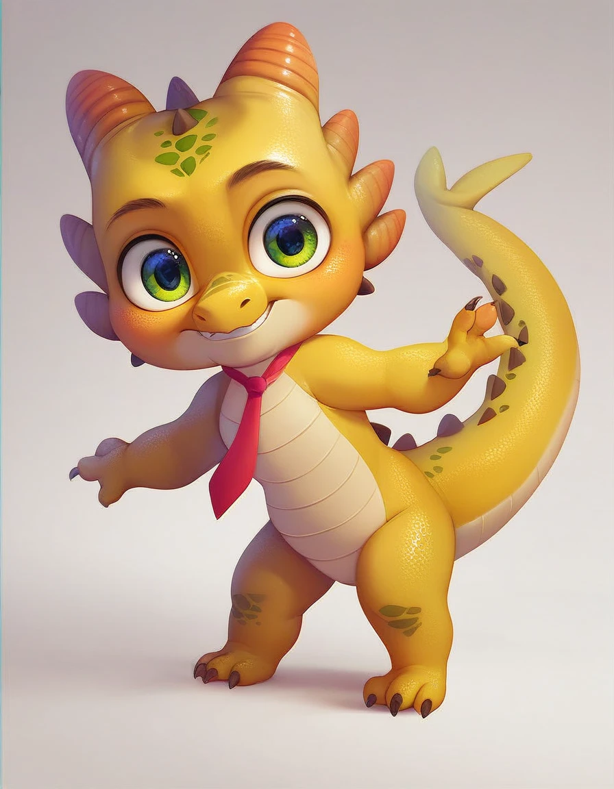 cute expression, high quality, (dragon), (cute little European Dragon:1.5), (cartoon:1.3),(chibi:1.2),(pixar style:1.2),(cute expression:1.1),(big eyes:1.1), ((((red with yellowish colors)))), he wears a gold tie, (((standing pose))), white background, full body, very cute, no ears, no horns,