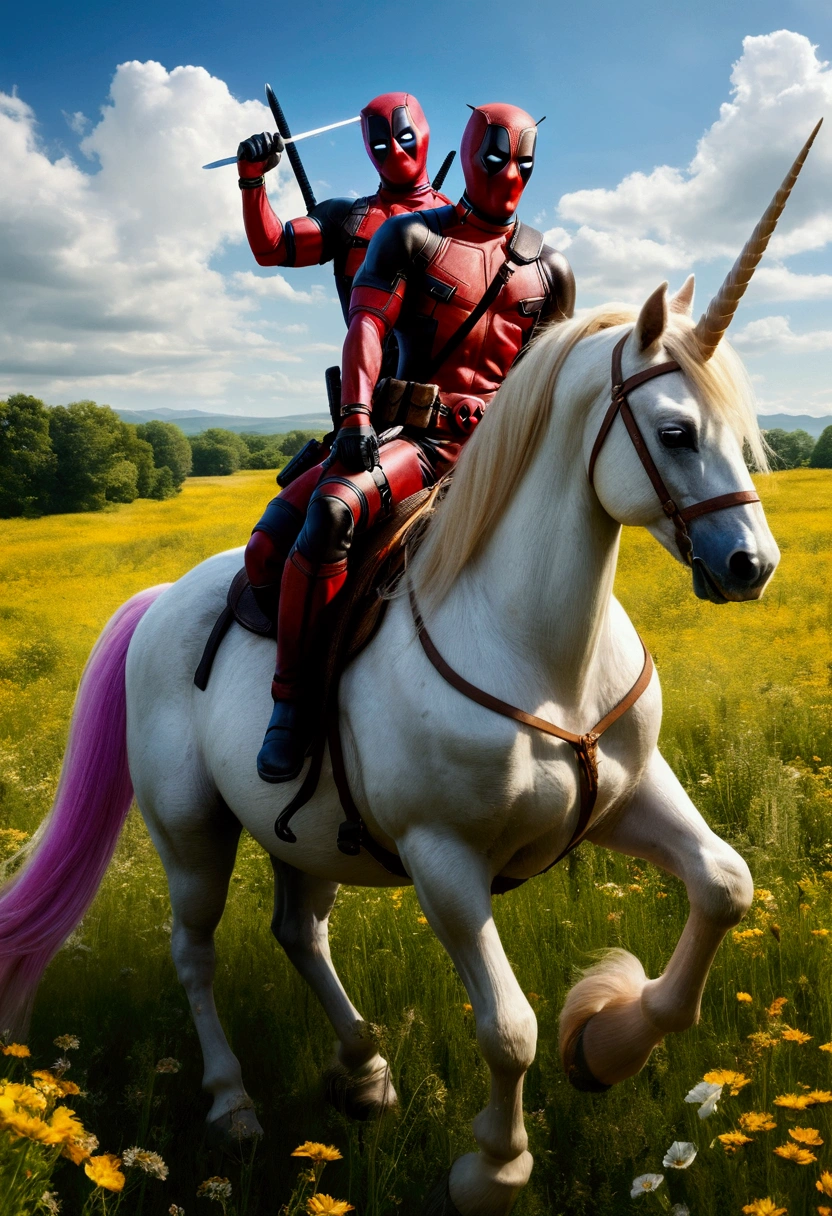 Masterpiece, of the highest quality, approaching perfection, (high detail:1.1), dramatic, Deadpool with wolverine riding a unicorn together, one after another. the unicorn trotting through a meadow, carrying the characters on his mount, comic style.