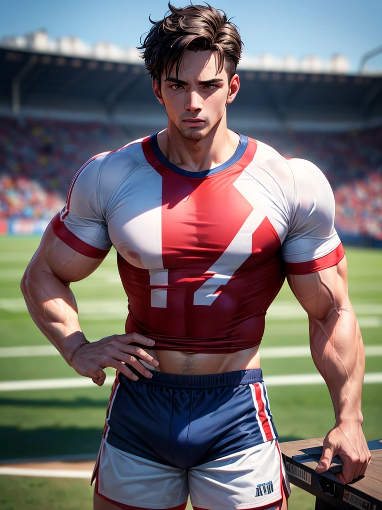Attractive American Jock, on the sports field, short sports pants, Jersey that emphasizes his muscles (best quality,4K,8k,highres,masterpiece:1.2),Ultra-detail,(realisti,photorealisti,photo-realisti:1.37), Film compositions, depth of field,Professional 3D rendering