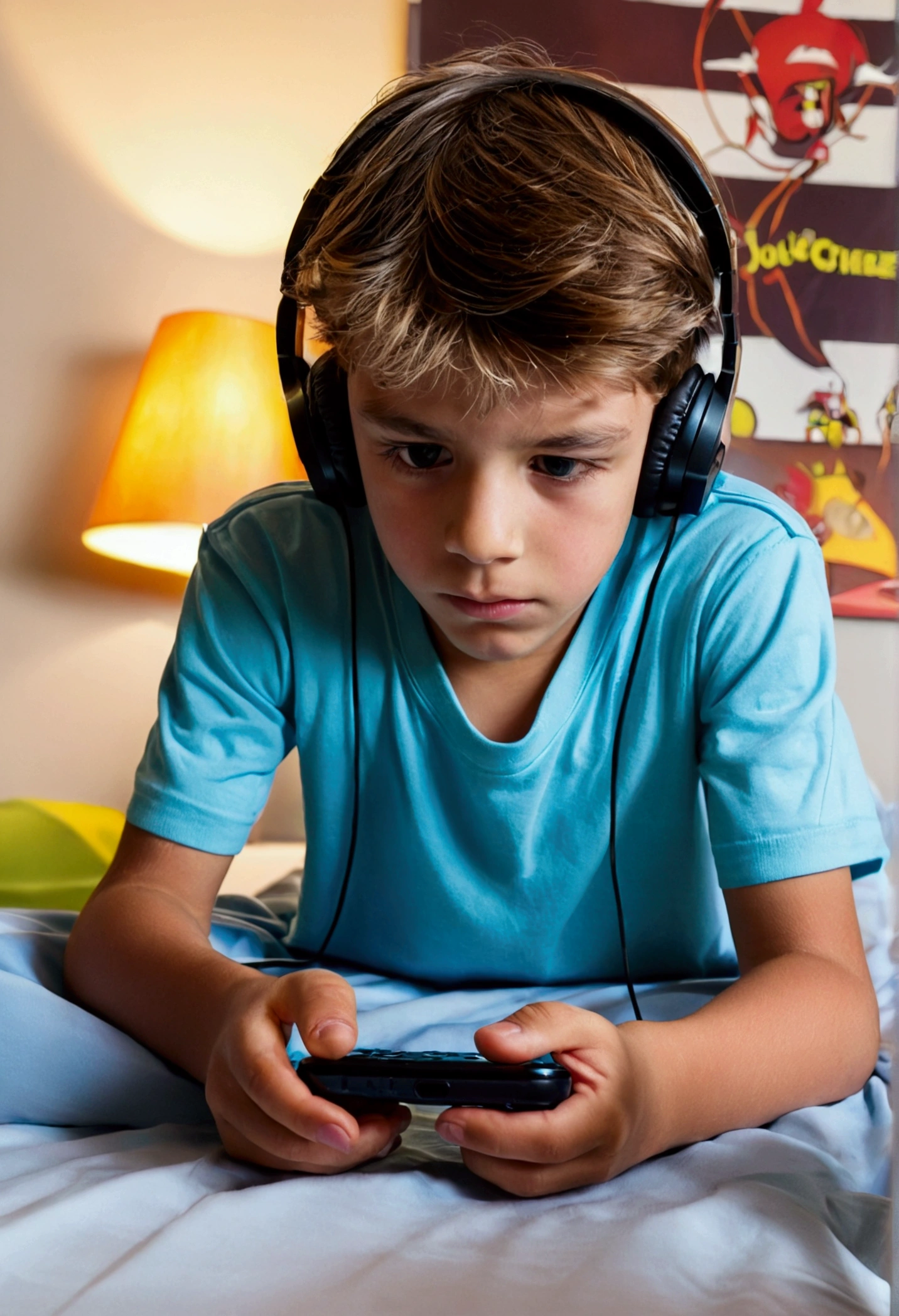 Un jeune garçon américain dans sa chambre entrain de jouer à des jeux sur sont téléphone, le décor de la Chambre est relation avec l'univers des jeux vidéo