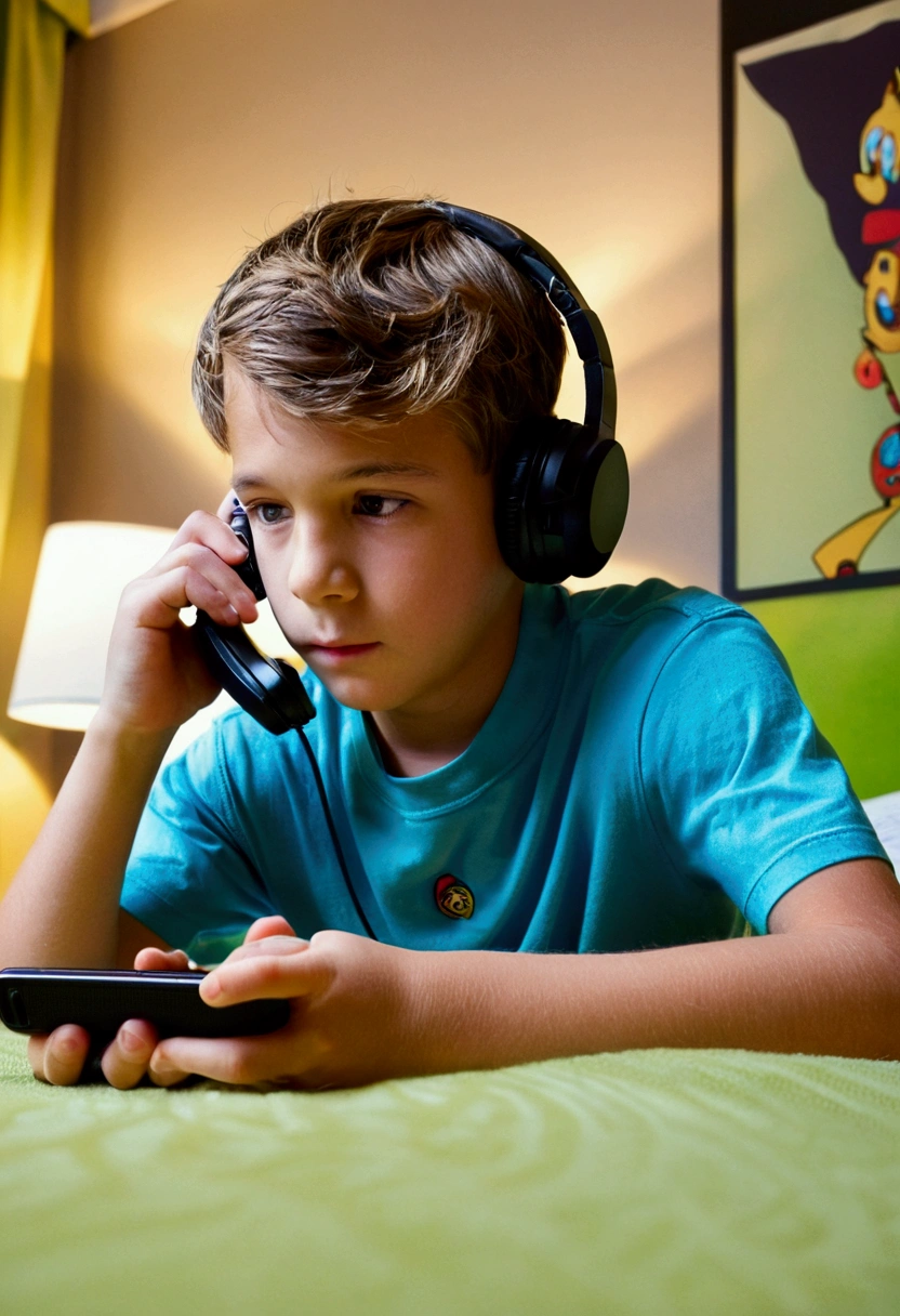 Un jeune garçon américain dans sa chambre entrain de jouer à des jeux sur sont téléphone, le décor de la Chambre est relation avec l'univers des jeux vidéo