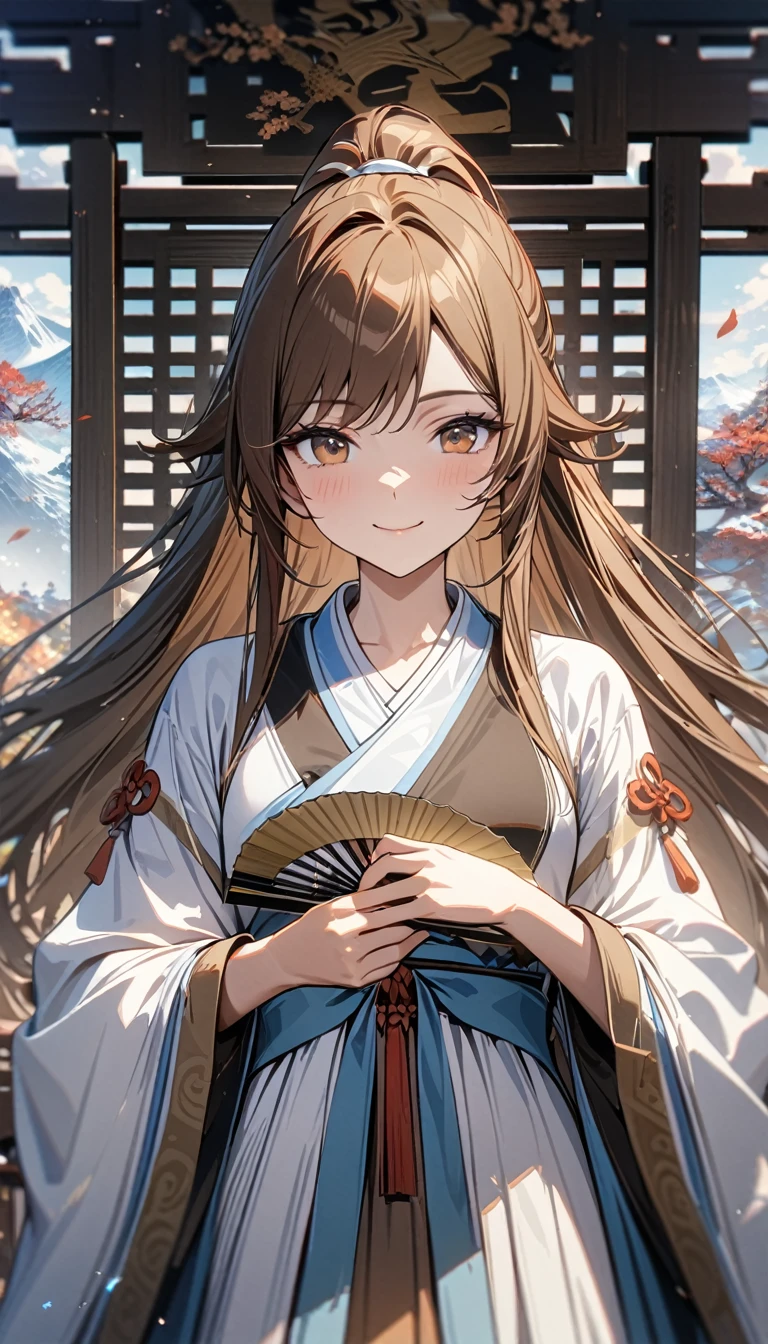 Adult girl, long brown hair, high ponytail, brown eyes, white goddess hanfu, fan, smile, Dao, Goddess of wind, Masterpiece, best quality, Full HD, 8k, ultra details, great graphic