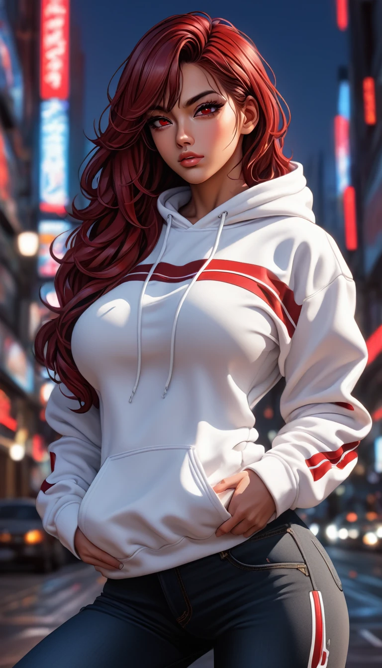 ((masterpiece, best quality)), very aesthetic, ultra detailed, intricate details, highly detailed, UHD, HDR, 8K, perfect face, 1girl, tan skin, white hoodie, lean muscular, black jeans, Retro_wave_style, Vector lines, dark red hair, long hair, red eyes, large breasts, perfect body, (newest anime art style)