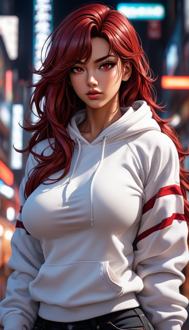 ((masterpiece, best quality)), very aesthetic, ultra detailed, intricate details, highly detailed, UHD, HDR, 8K, perfect face, 1girl, tan skin, white hoodie, lean muscular, black jeans, Retro_wave_style, Vector lines, dark red hair, long hair, red eyes, large breasts, perfect body, (newest anime art style)
