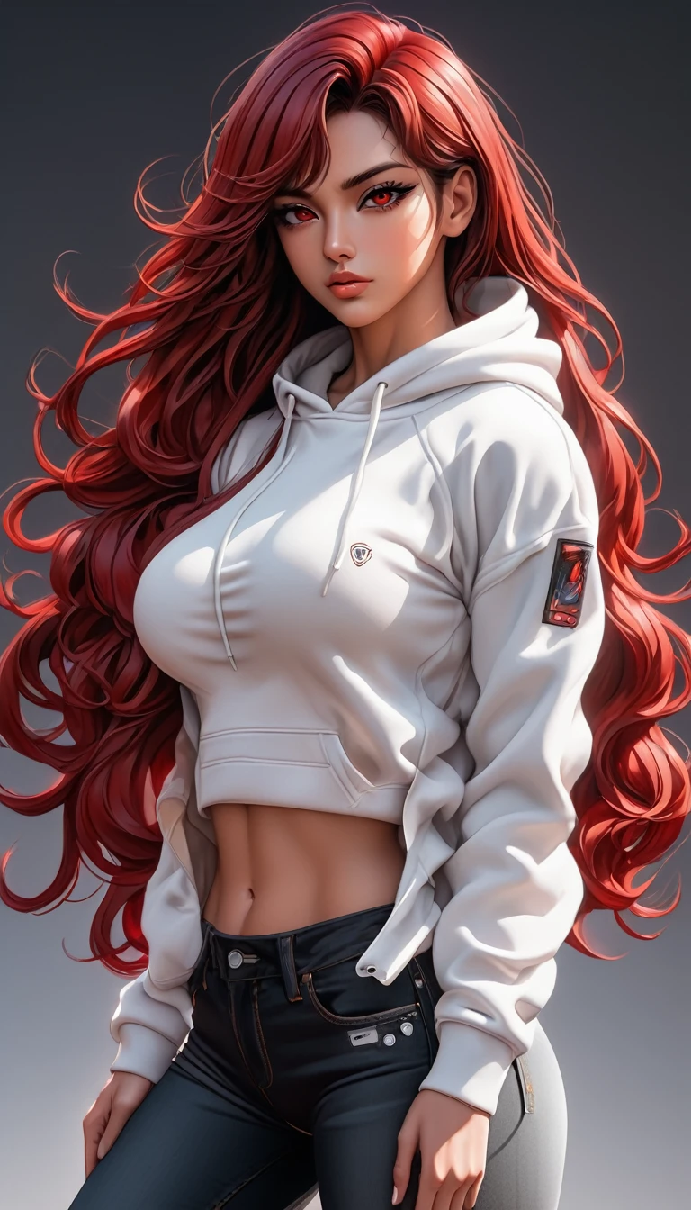 ((masterpiece, best quality)), very aesthetic, ultra detailed, intricate details, highly detailed, UHD, HDR, 8K, perfect face, 1girl, tan skin, white hoodie, lean muscular, black jeans, Retro_wave_style, Vector lines, dark red hair, long hair, red eyes, large breasts, perfect body, (newest anime art style)