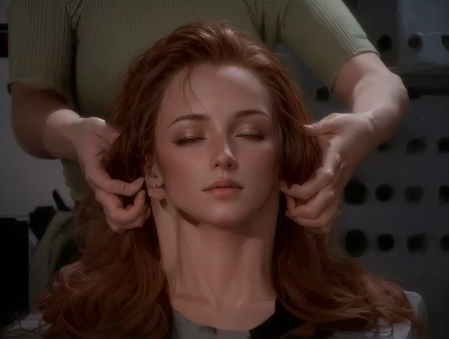 arafed woman getting her hair styled by a hairdresser, practical effects, head, in star trek the original series, in the movie lifeforce (1985), hair, hair floating covering chest, head is up, from star trek, style of the fifth element, total recall style, no head, sleek head, scene from starship, put on a mannequin