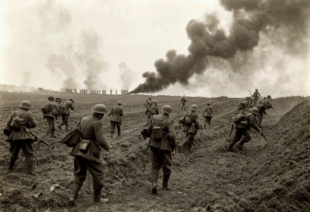 Soldiers standing in a field,Smoke in the background, World War I照片, World War I照片, 用World War II相机拍摄, war photos, World War II, Battlefield scene, Battlefield Background, 对抗 World War I, World War II摄影, World War II摄影, Soldiers come under heavy fire, war photosgraph, On the war zone, war photosgraphy, World War I