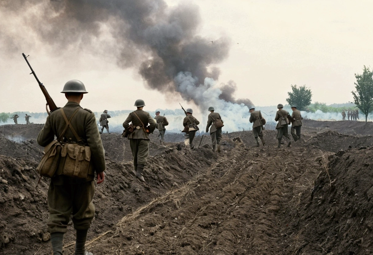 Soldiers standing in a field,Smoke in the background, World War I照片, World War I照片, 用World War II相机拍摄, war photos, World War II, Battlefield scene, Battlefield Background, 对抗 World War I, World War II摄影, World War II摄影, Soldiers come under heavy fire, war photosgraph, On the war zone, war photosgraphy, World War I