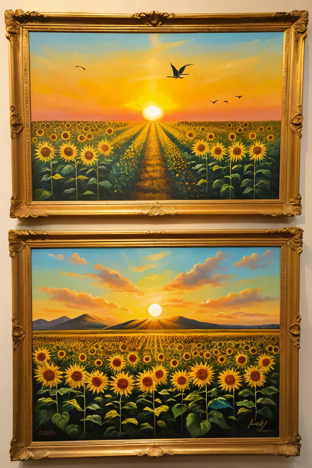((Best Quality)), ((Masterpiece)), (detailed), an oil canvas, of a sunrise in the Venezuelan plains, with colorful birds, vegetation, planting sunflowers and representing nature in its maximum splendor that is painted naturally without an author