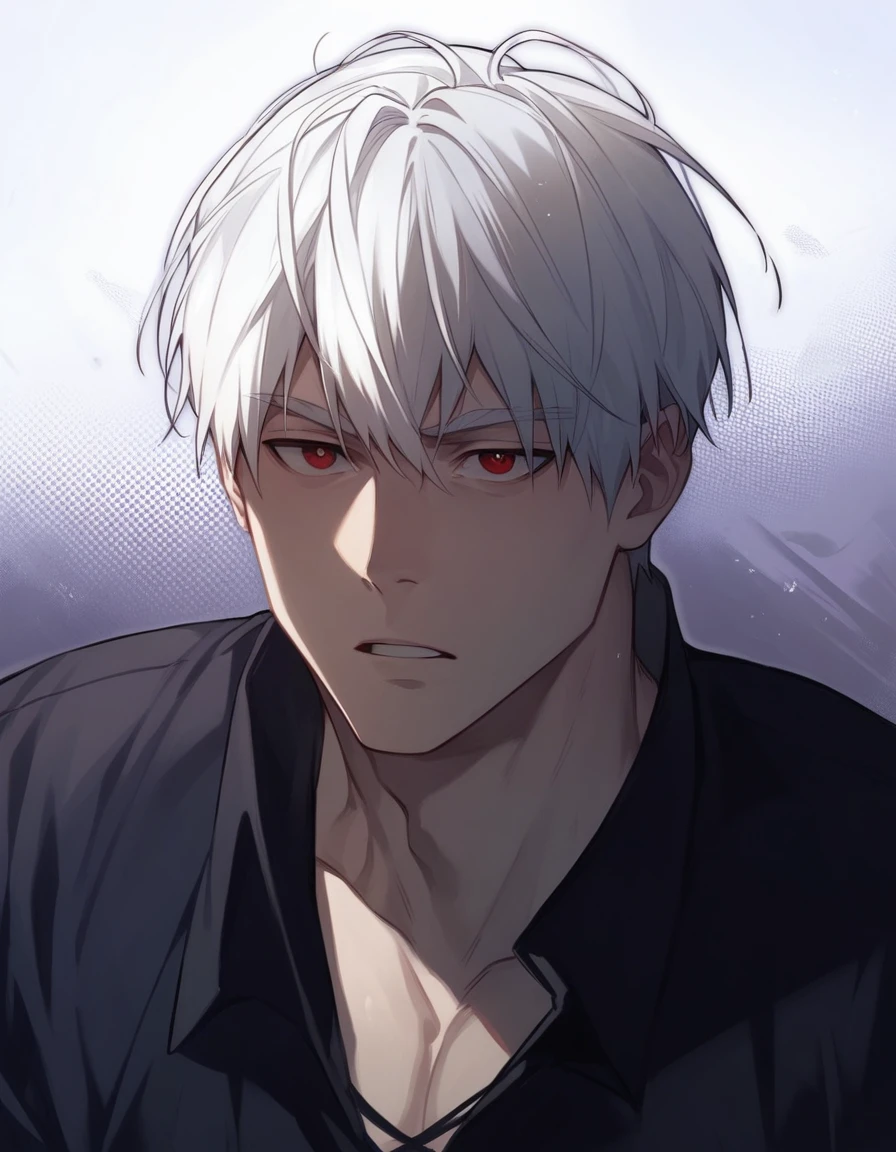 man, white hair, red pupils, black shirt, eyebrow scrunch, high quality, super realistic, handsome man, long face structure