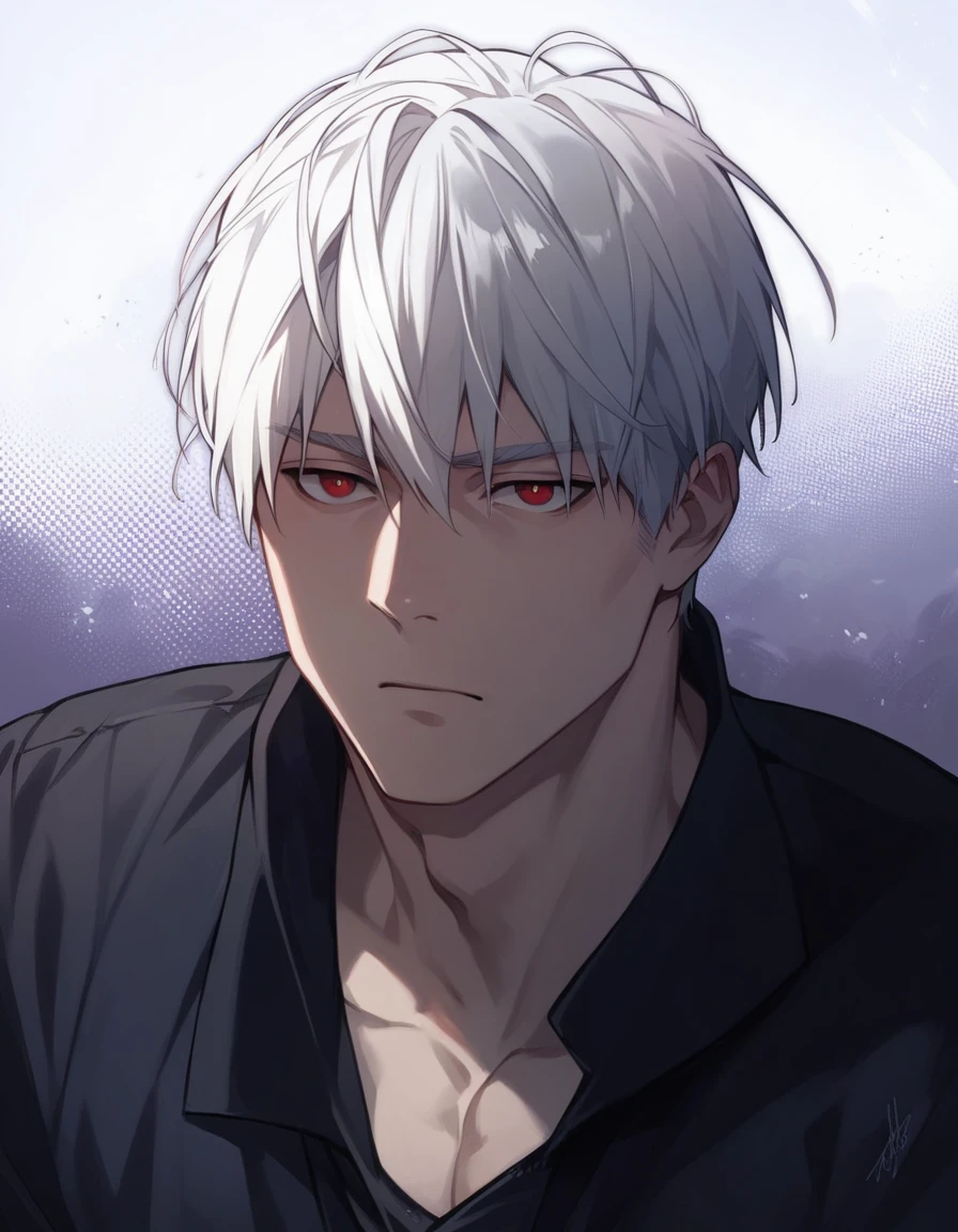 man, white hair, red pupils, black shirt, eyebrow scrunch, high quality, super realistic, handsome man, long face structure