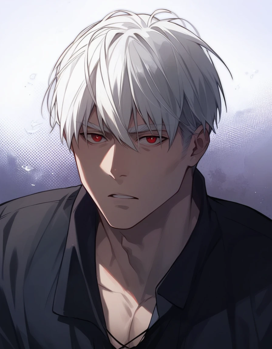 man, white hair, red pupils, black shirt, eyebrow scrunch, high quality, super realistic, handsome man, long face structure